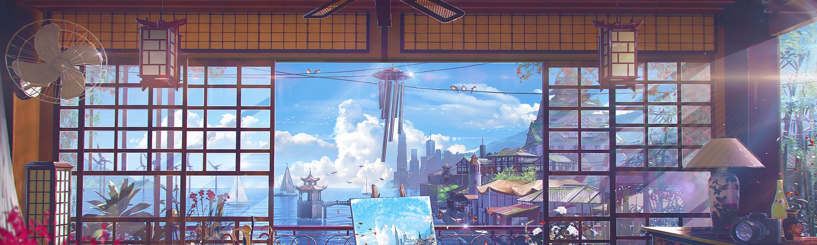 Futuristic urban panorama seen from a cozy, sunlit artist’s studio with traditional Japanese architecture, reflecting the innovative spirit of Python’s advanced magic methods for enhancing class functionality.