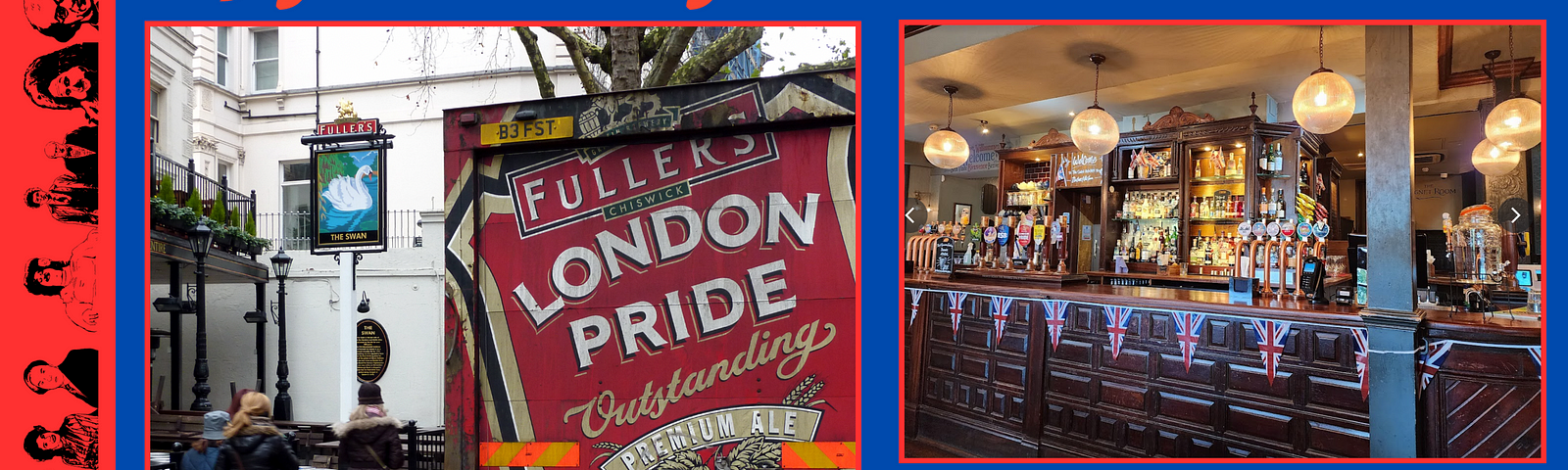 Two photos of The Swan Pub in London. Inside bar and a lorry with Fuller’s London Pride for a short story called Asylum.