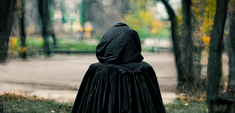 Person in black hood sitting on a red bench in a park. “Is it a wolf or sheep in that riding hood?” an artful generation by Zane Dickens