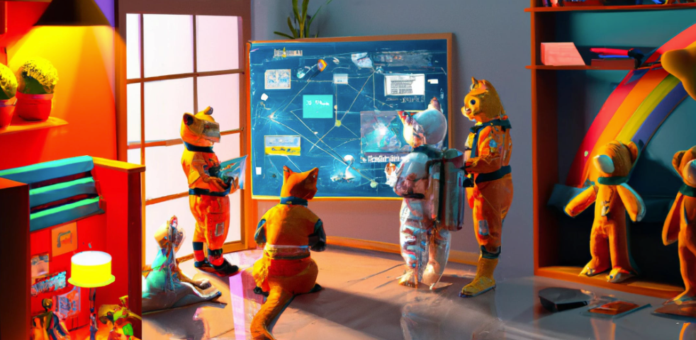 AI-generated cover image depicting group of cats in spacesuits working together in front of a board