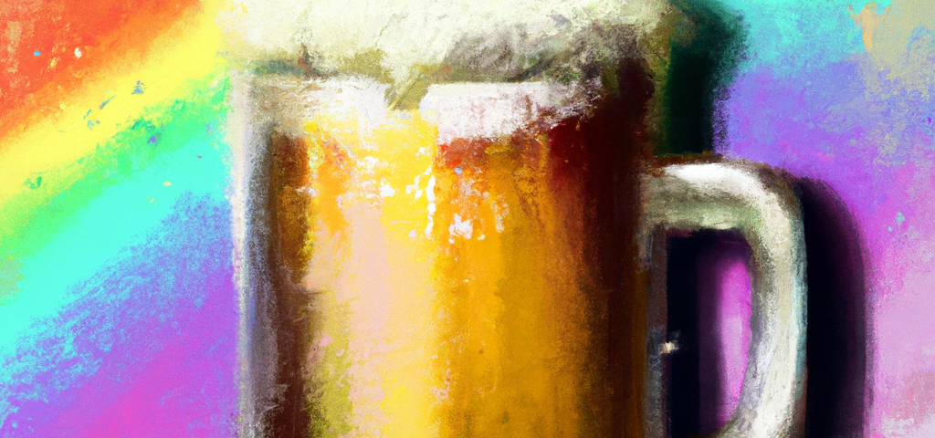 A digital painting of a frosty mug of beer on a rainbow background.