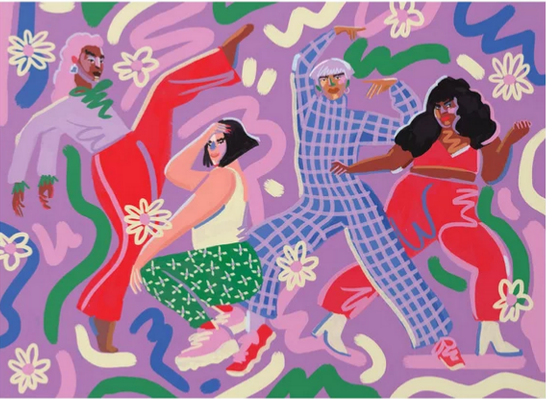 A colorful illustration in cool hues of people dancing and posing, by Brazilian artist Niege Borges.