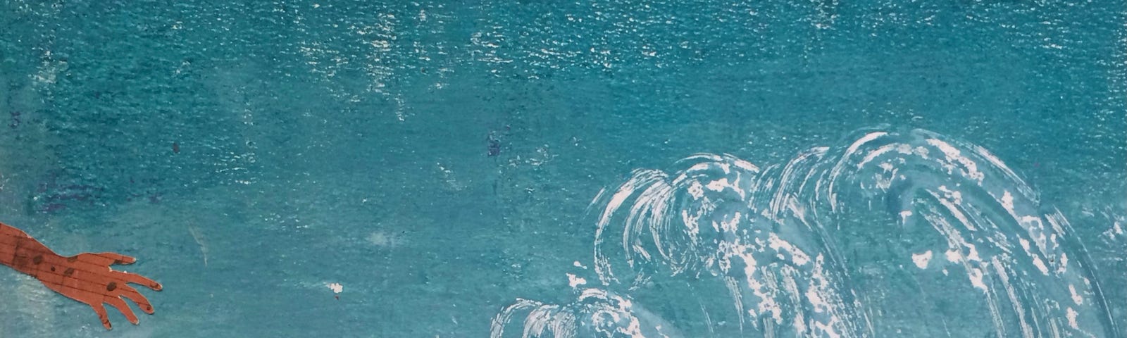 Mixed-media painting of blue waves, with a hand reaching from shore to two hands in the water.