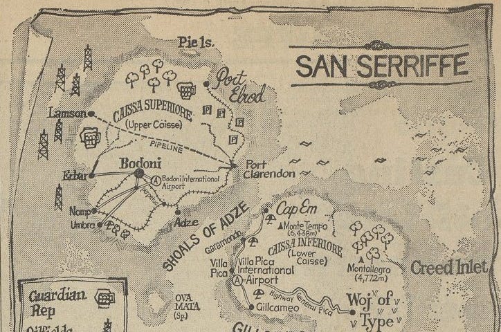Map of San Serriffe showing two islands named ‘Upper Caisse’ and ‘Lower Caisse’ arranged into a semi-colon shape. Courtesy of Guardian News & Media