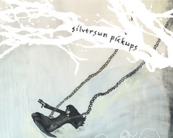 Cover art of Silversun Pickups’ debut EP, Pikul. The cover art is a grayscale image of a long haired person swinging.