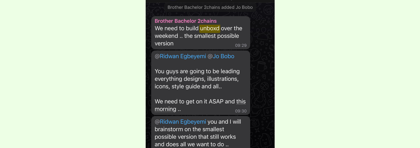 A whatsapp screenshot showing when we decided to build the MVP in one weekend