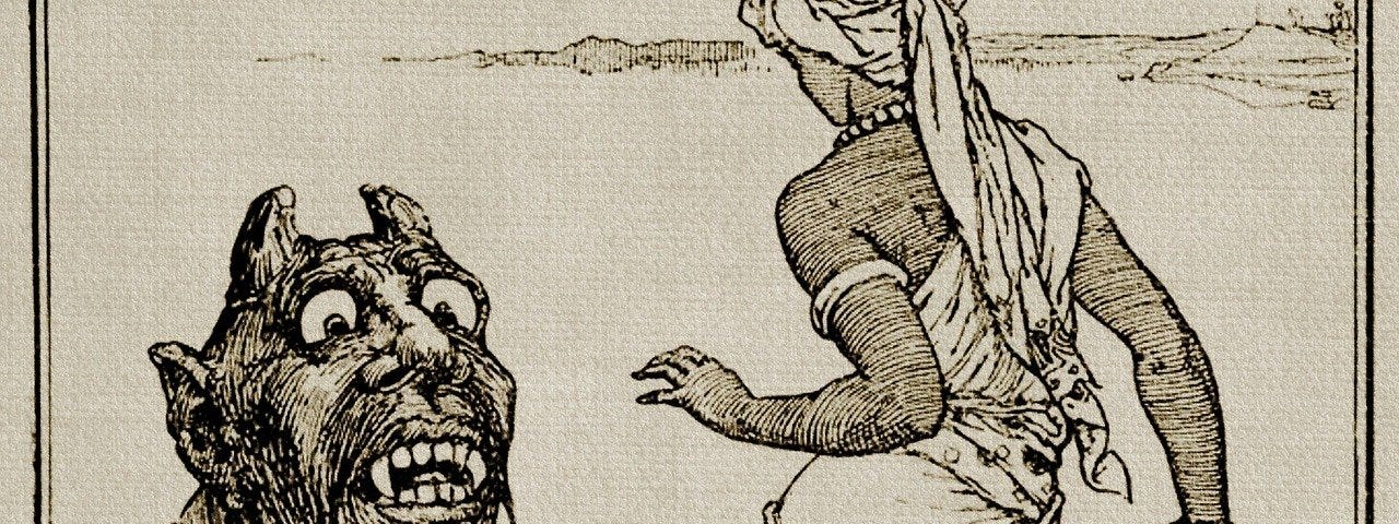 A pen and ink drawing of an African woman with a basket, kneeling on the shoreline. A demonic head, with horns, eyes large as saucers, and terrible sharp fangs, is rising from the waves.