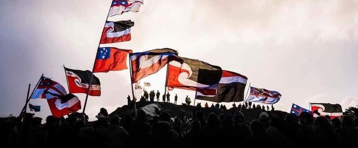 Tino rangatiratanga flags flying on a maunga (hill) with small human figures in silhouette underneath