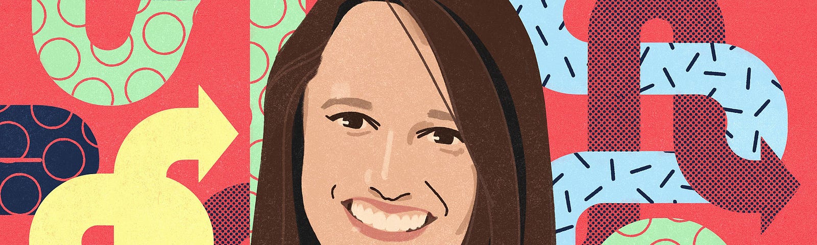 A digital illustration of a smiling white woman with long brown hair, wearing a whiteT-shirt.The background is red-orange with green, yellow, blue, and black looping, twisting, and interlocking arrows.