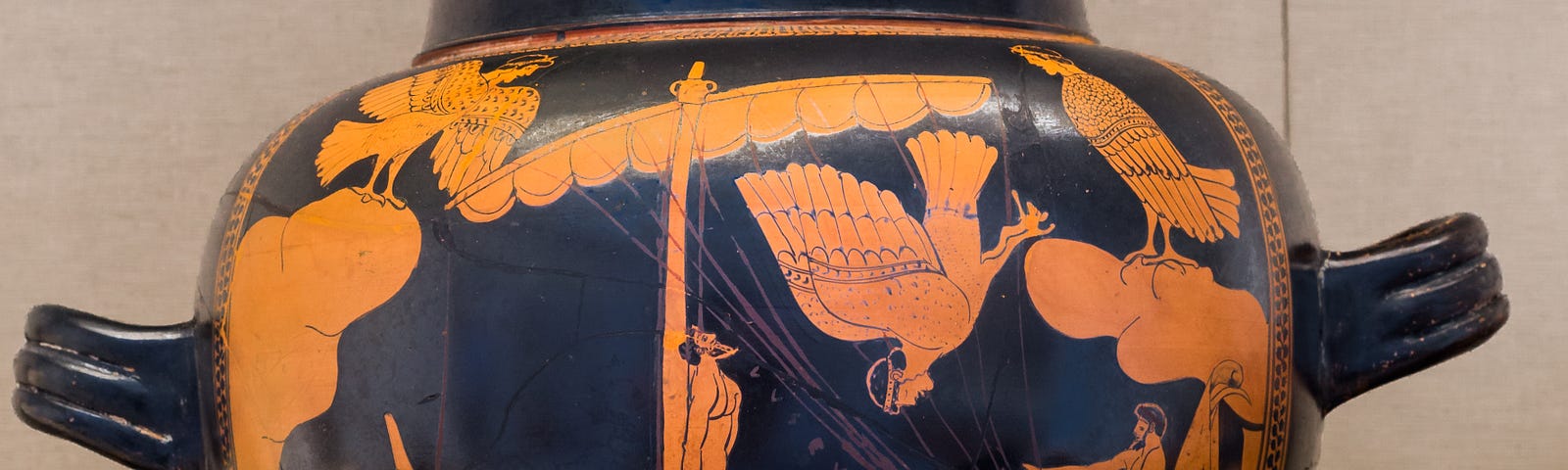 Large red-figure amphora with an image of Odysseus tied to a mast, taunted by sirens.