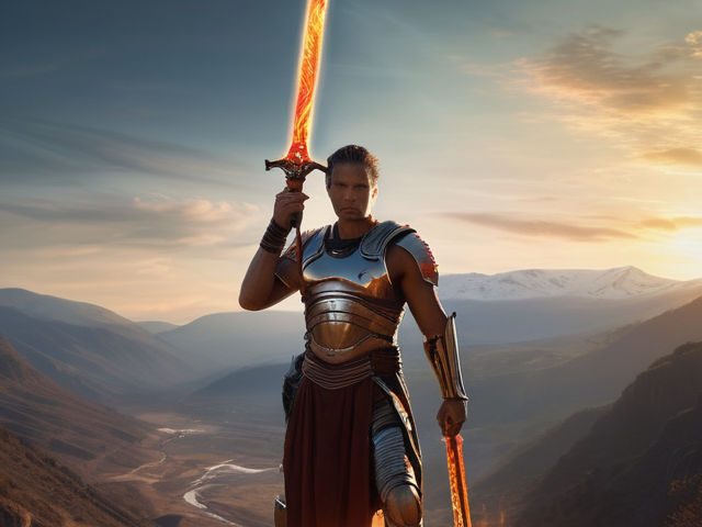 A science fiction warrior holding a flaming sword standing over a valley.