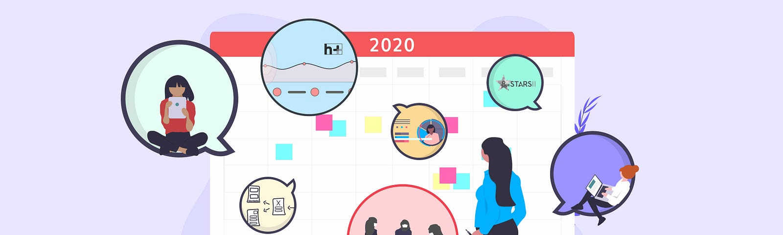 An illustration of a calendar with message bubbles showcasing snapshots of people working, and past projects out team created