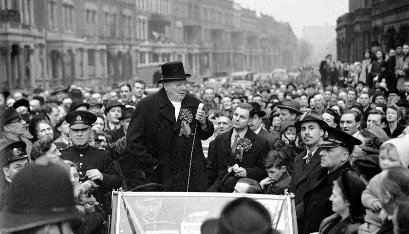 Winston Churchill giving a speech.