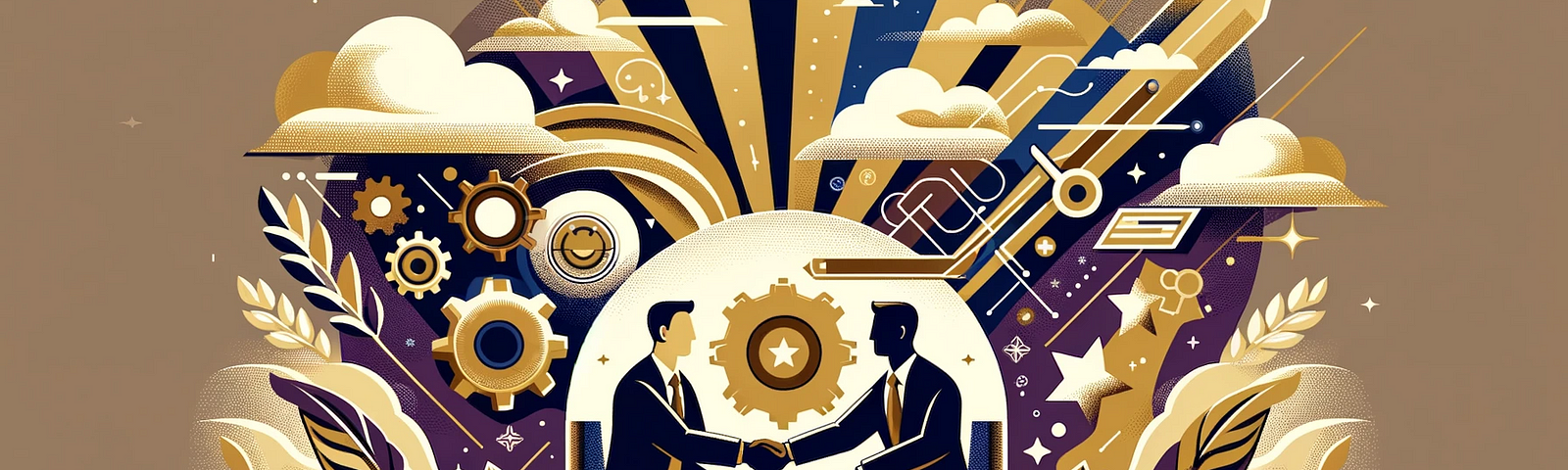 Illustration of a consultant and customer shaking hands, symbolizing a successful ICT sales consultation. The background blends beige, gold, and dark violet colors, representing themes of trust, value, and professional expertise