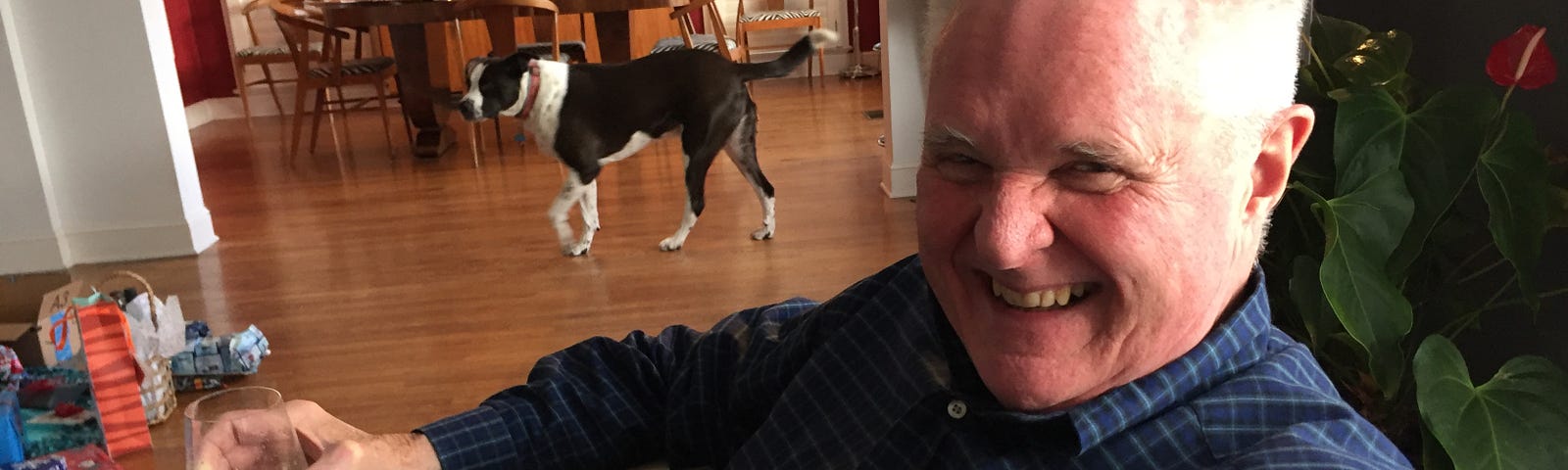 Author’s photo of black and white Chico dog ambling in the background of Fred’s living room — Fred is seated in a chair with a glass of white wine