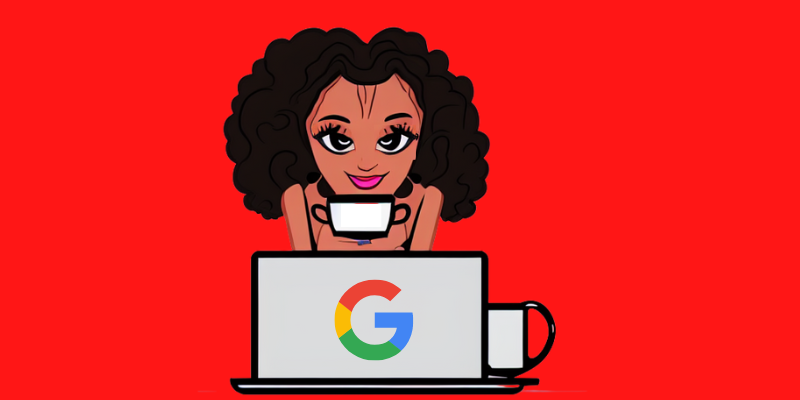 Cartoon of a black girl using a laptop and drinking coffee — Google Search Is Getting a Massive Makeover