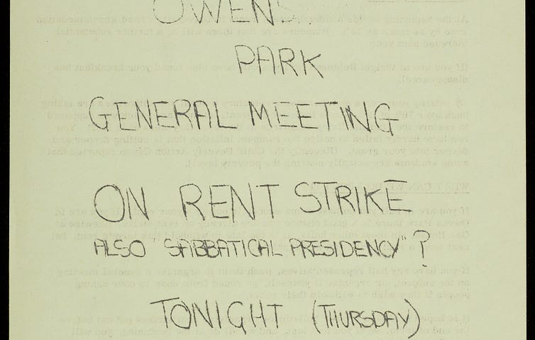 Flyer: ‘Owens Park General Meeting on Rent Strike, also Sabbatical Presidency? Tonight (Thursday) at 8pm, be sure to be there’