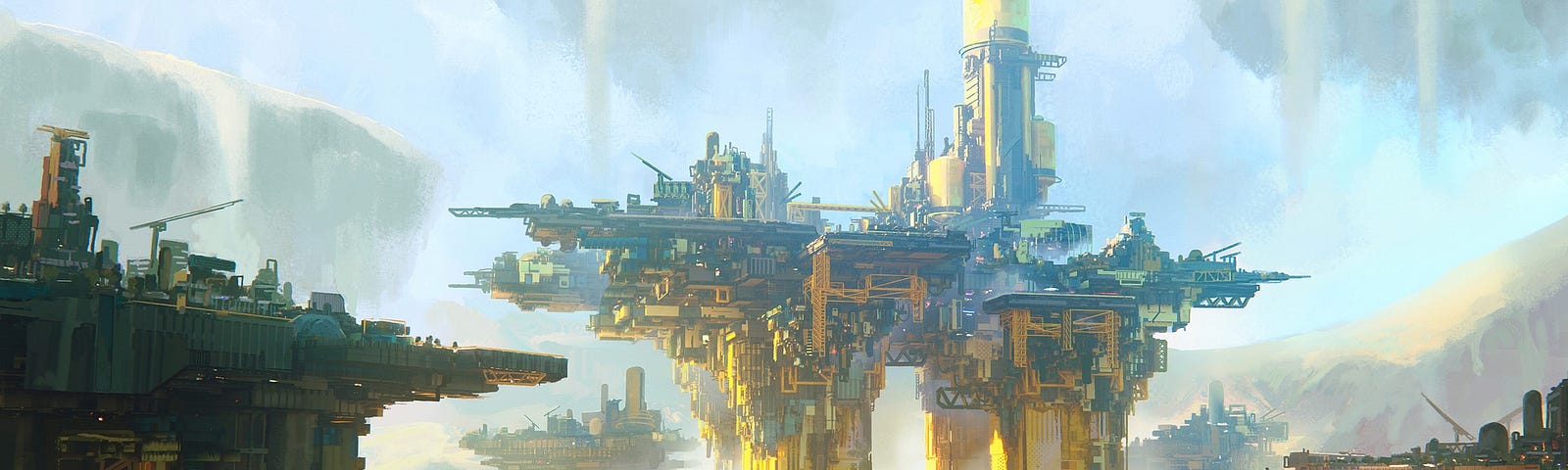 A strange, fantasy city dominated by two clusters of buildings that join in an arch.