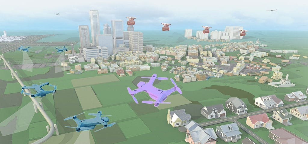 A demo graphic from the UPP. An animated aerial angle that depicts multiple drones flying in the air.