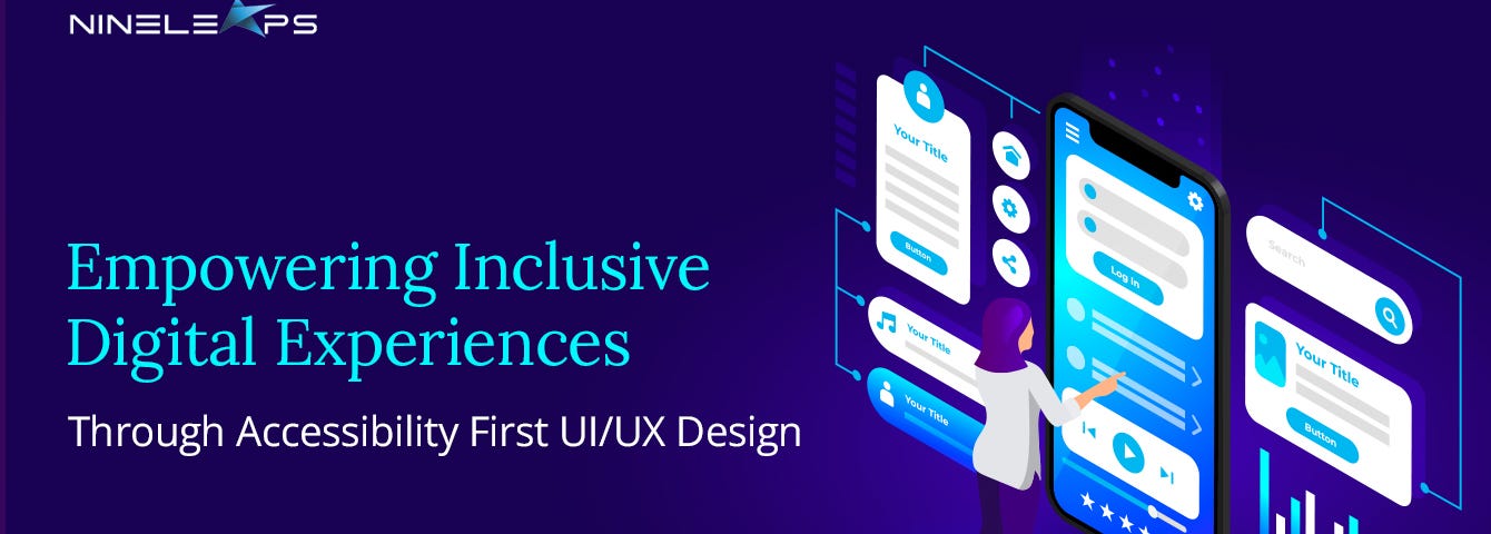 A graphical representation of the title along with a woman next to oversized mobile screens to represent UI/UX