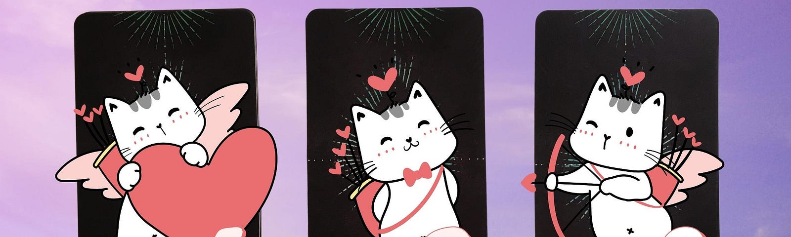 Three tarot pick a card piles with cupid cats on them