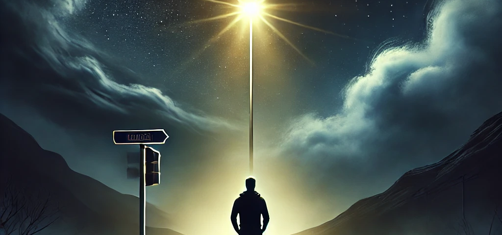 A powerful and inspirational cover image featuring a man standing at a crossroads at night, illuminated by a single streetlight. The background is dark with deep blues and blacks, symbolizing life’s challenges. The man appears determined and contemplative, ready to face whatever comes his way. Subtle highlights of white and yellow from the streetlight add a sense of resilience and introspection to the scene.