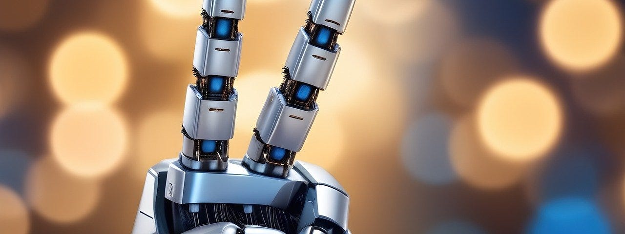IMAGE: A robotic hand signaling victory