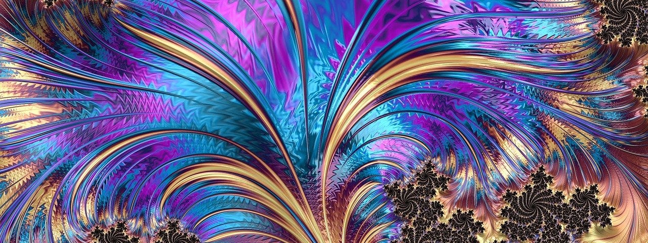 A fractal graphic of a blue, magenta and gold feather