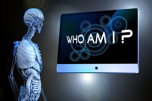 A robot looking at a screen — Who am I?