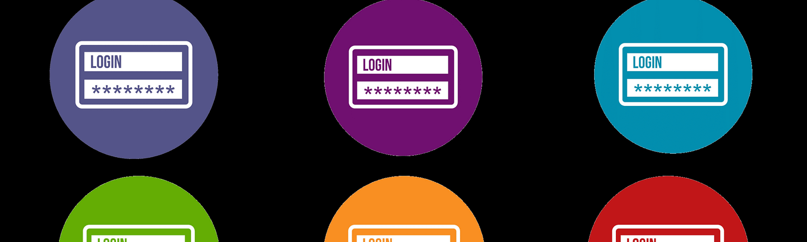 A image with six multiple colored circular login screen with a black background that resembles the brute force attack