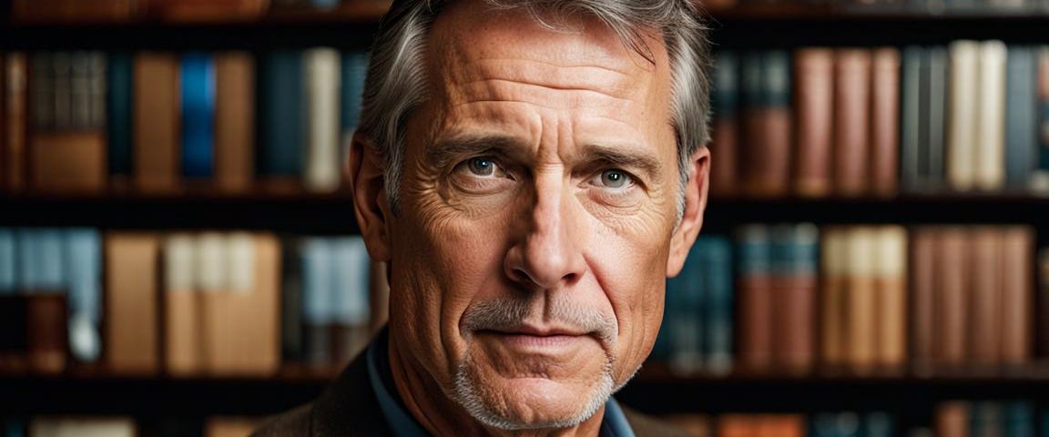 Handsome older man looking serious, with blurred library image background