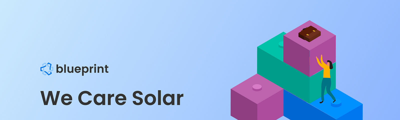Illustration of person on top of lego tower decorated with a suitcase ball icon. Text says We Care Solar Project Recap 2020–2021