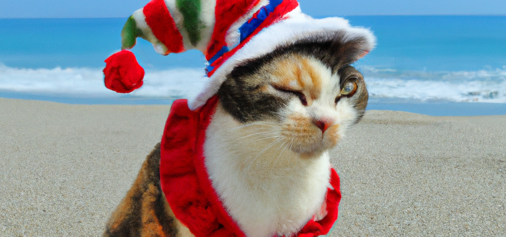 Calico cat in red and green hat sitting on a beach