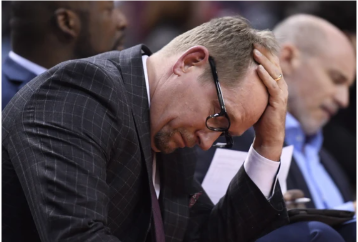 Nick Nurse frustrated on the bench because the Toronto Raptors couldn’t make the playoffs