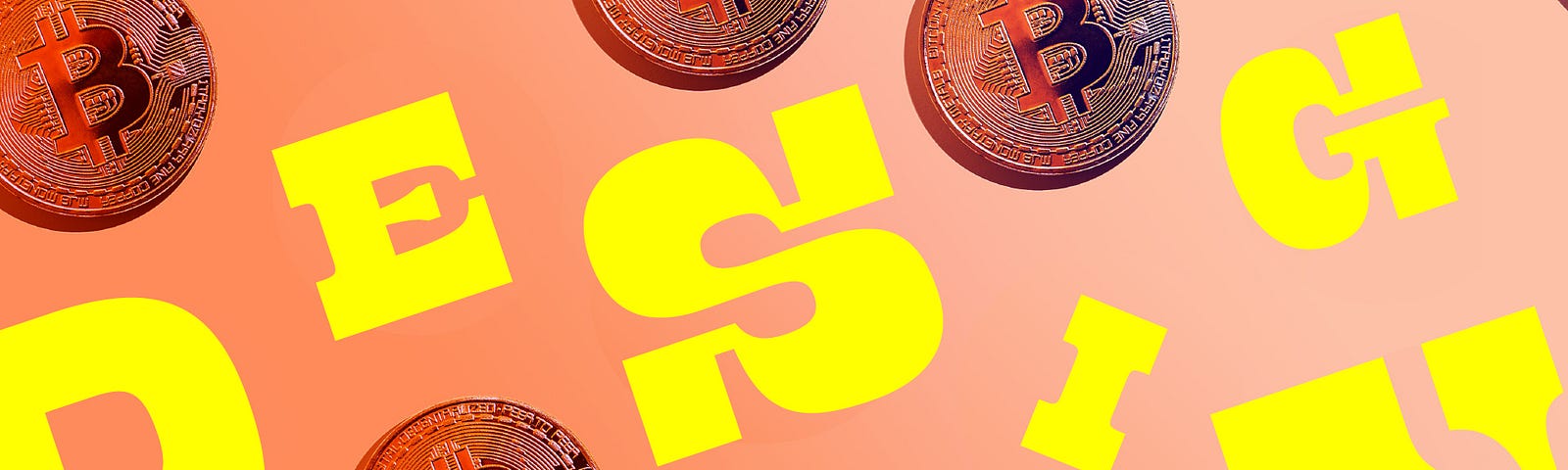 floating bitcoins with “design” written alongside them.