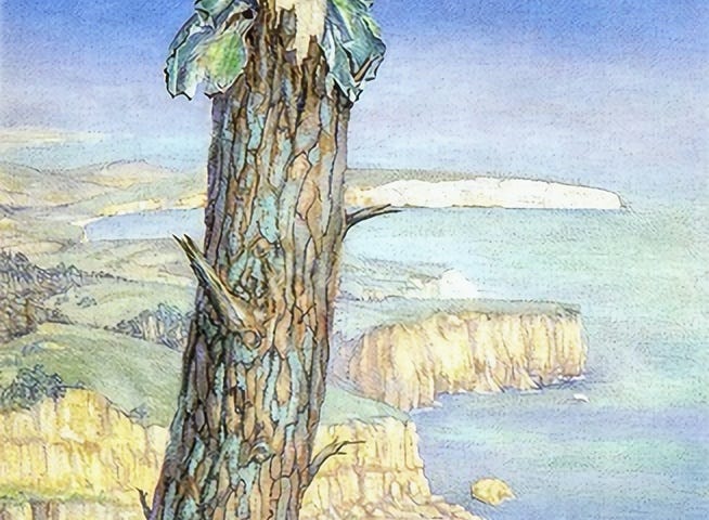 This Atkinson painting features a fairy practically birthing out of a hawthorne or oak tree, which seems to be painted with light green lichen. She is winged, fair, slight, shirtless, and is gazing in wonder at a magnificent blue sky. Beneath the tree is the a blue-green ocean and jagged cliffs.