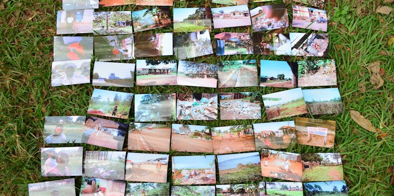 A grid of pictures laid out on grass, with each of the pictures showing a scene in Uganda, one of the countries in which GENERATE works