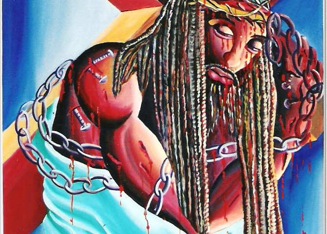 A black Jesus in dreadlocks covered in chains, carrying a cross, dripping blood.