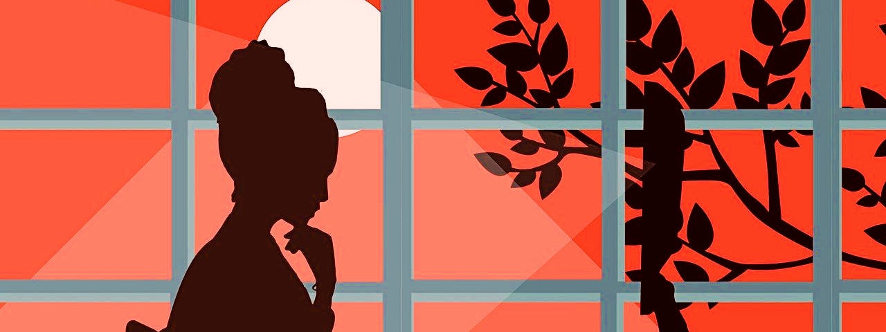 A graphic of a woman in silhouette sitting at a table with a computer in front of a large French window showing a bright orange night sky.