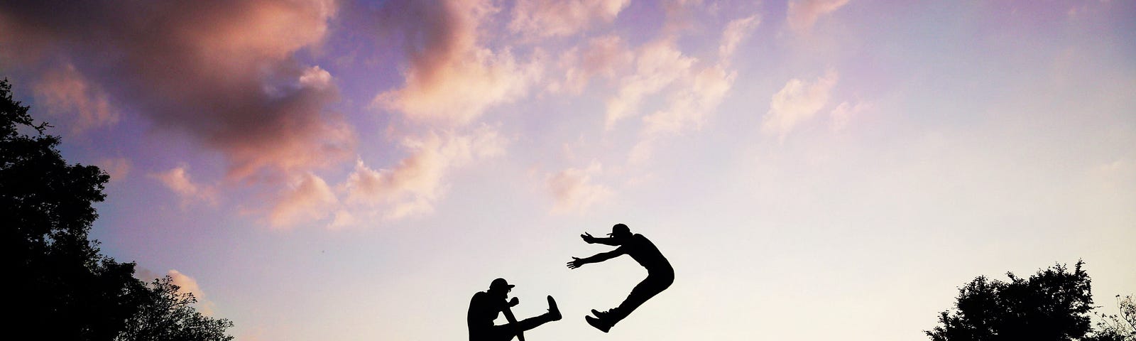 A man is sent flying through the air, presumably from a hard kick in the pants, against the backdrop of a beautiful sunrise