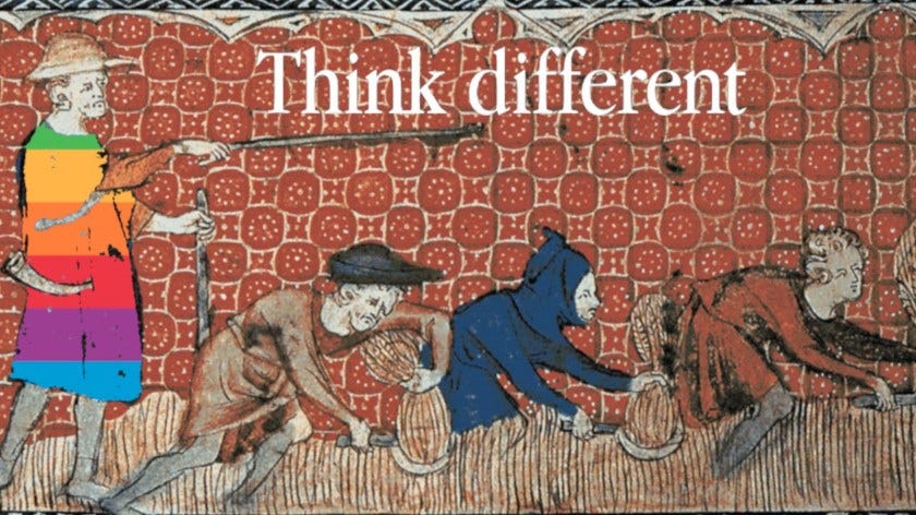 A tapestry illustrating a manorial lord threatening agricultural peasants with a stick, captioned with Apple’s ‘Think Different’ wordmark.