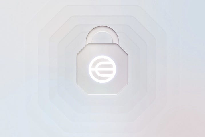 IMAGE: On a grey background, an octogonal lock with the Worldcoin logo