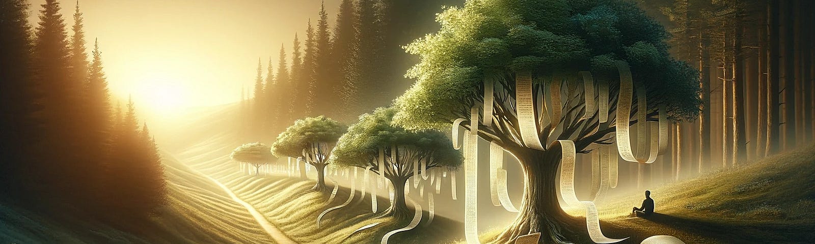 Serene forest path with trees bearing pages and words, symbolizing the journey of writing and the growth of stories, bathed in warm, hopeful sunlight.