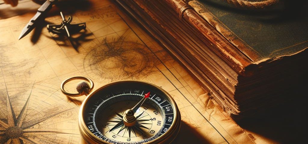 a magnetic compass and an old sea chart