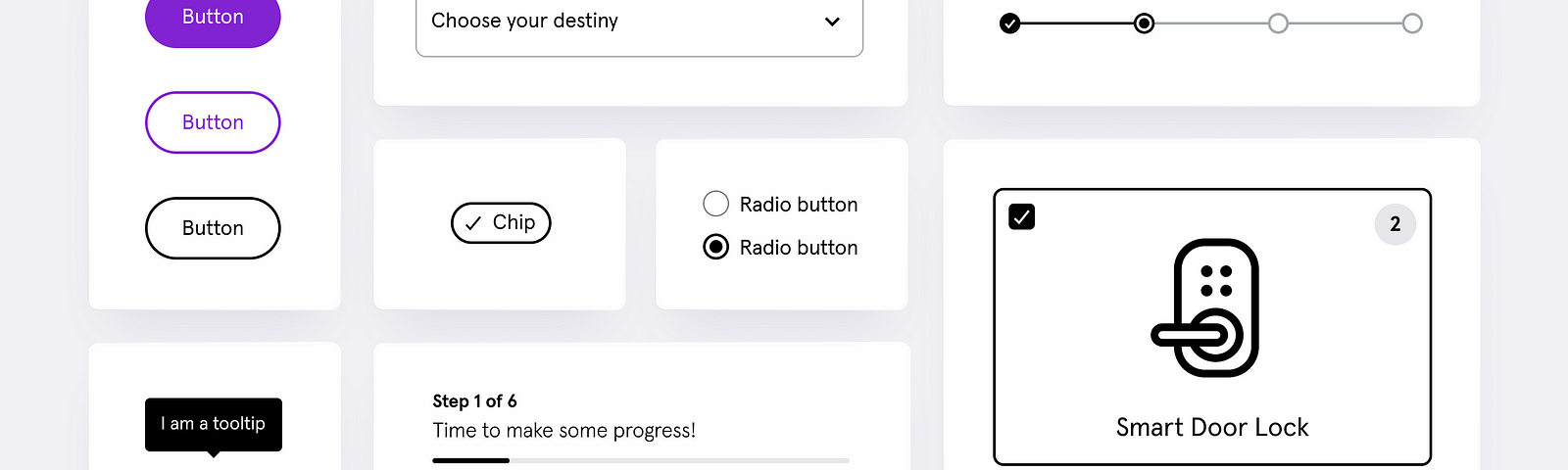 Examples of component in the design system. Buttons, checkboxes, tooltips, cards, and other interface elements are shown.