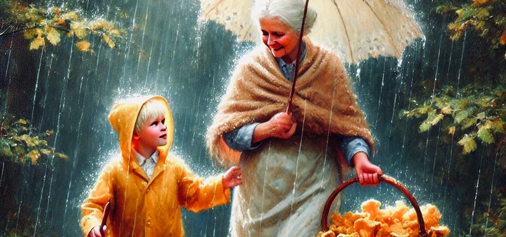 The image depicts a grandmother walking through the woods with her grandson. Both are holding umbrellas because it is raining. She carries a basket filled with chanterelles, and more chanterelles are scattered on the forest floor. They are holding hands and looking happily at each other.