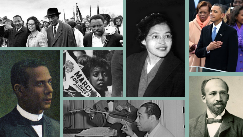 Clockwise from top left: Martin Luther King Jr. marches on Montgomery, Rosa Parks, Barack Obama’s Inauguration, W.E.B. DuBois, Duke Ellington, Booker T. Washington.