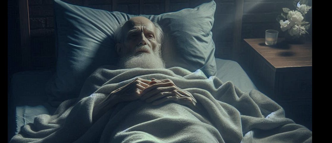 Old man lying in bed under covers in darkened bedroom.