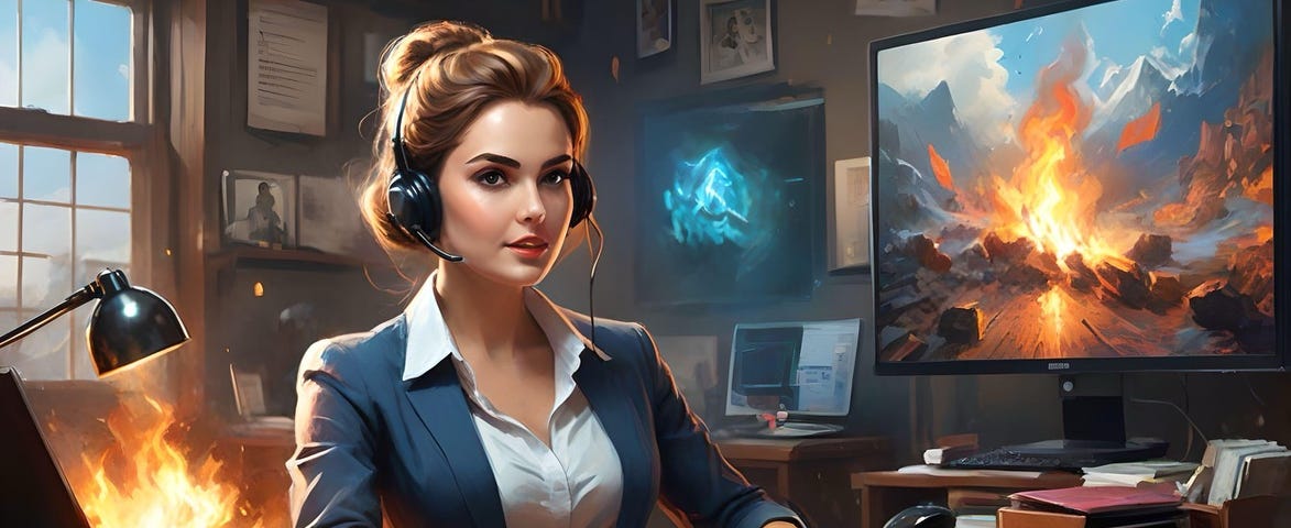 A digital art rendering of a professional woman wearing a white blouse and dark blazer with an over the head headset accompanied by a microphone attached, sitting at a desk in an office, writing down notes during what appears to be a cold call. Around her are standard items you’d find in an office like a computer monitor, laptop, calendar; however, there is a blazing fire behind her to play on the wording of the article title, ignite.