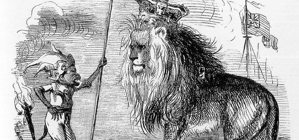 Cartoon captioned ‘The British Lion and the Irish Monkey’. Black and white drawing of a monkey wearing a jester’s hat and holding a speer (left) screeching at a large lion wearing a royal crown (right), with flags in the background.
